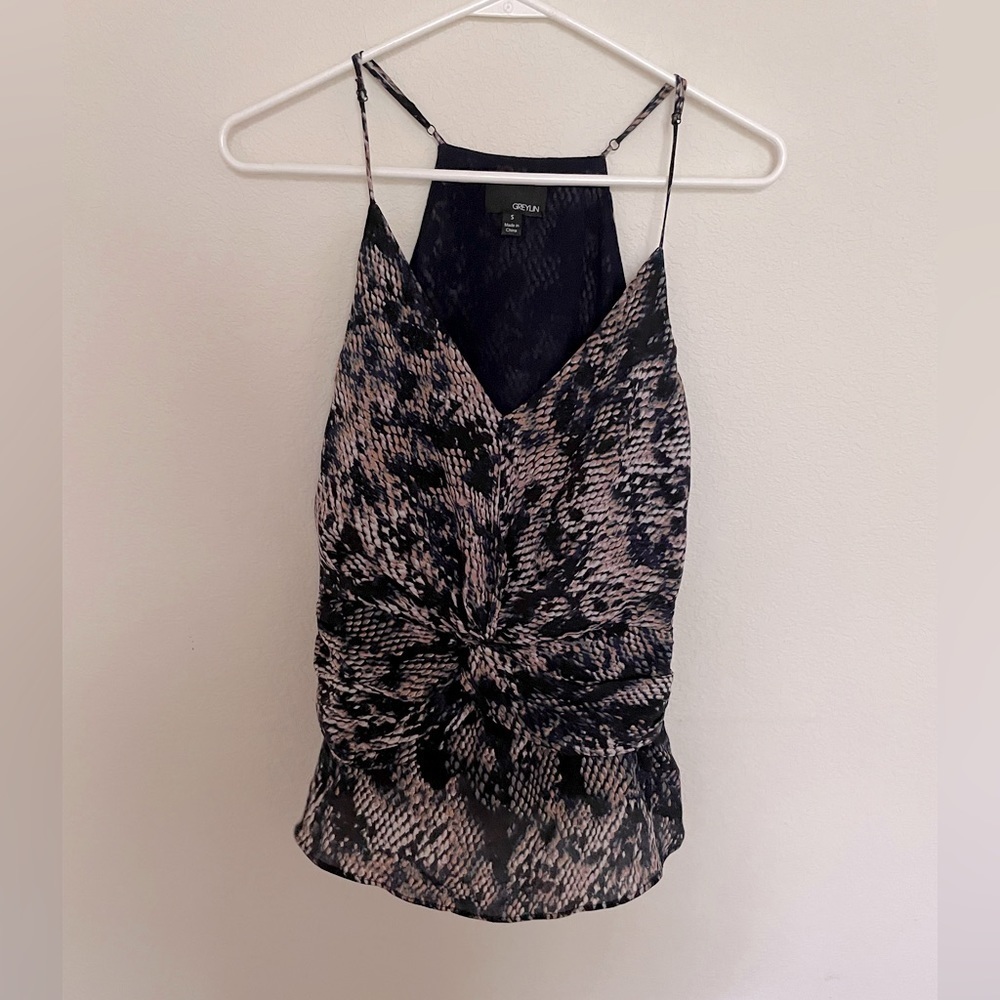 Greylin Black and Beige Snake Print Twist-Front Tank Top